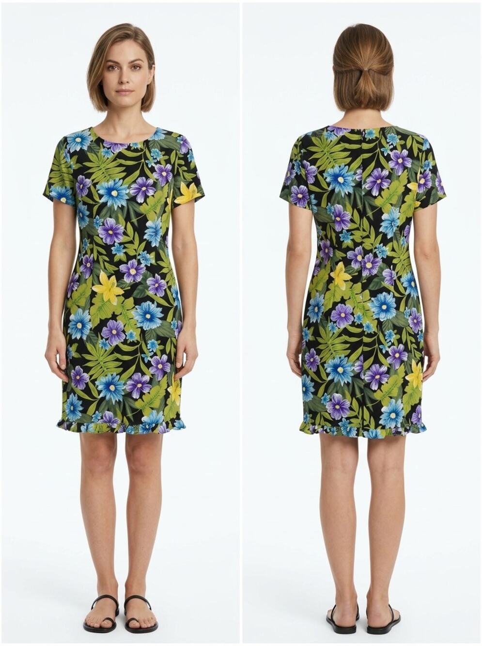 Vintage Kathie Lee Tropical Floral Ruffle Hem Sheath Dress Women Size 10